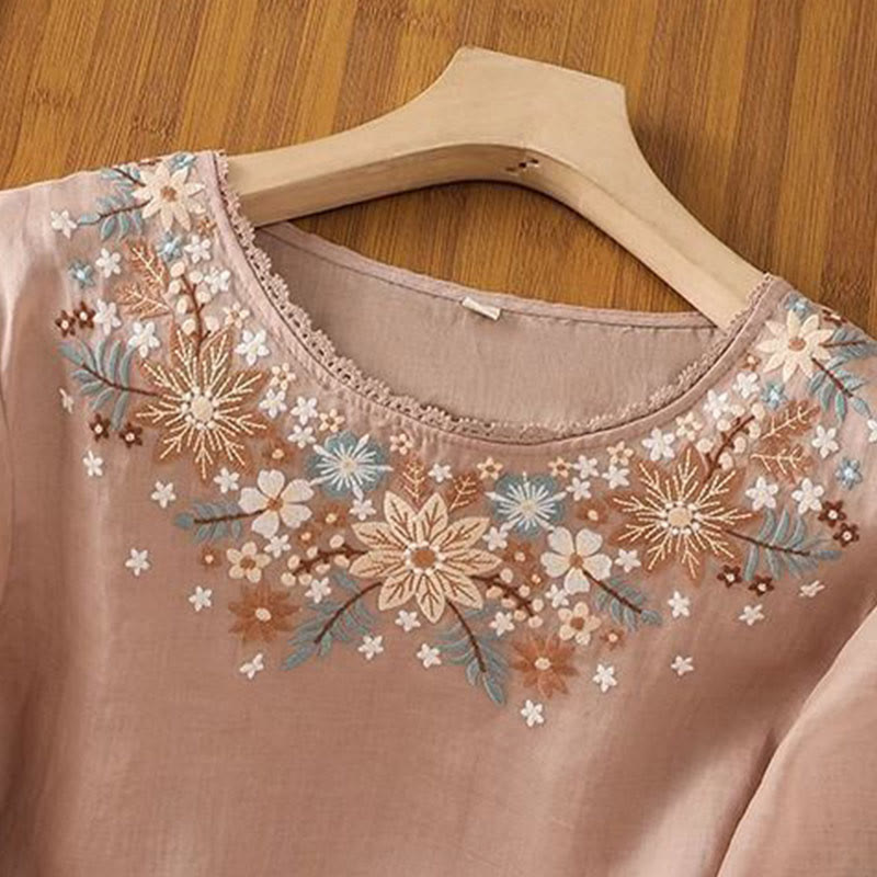 Buddha Stones Casual Flower Leaf Embroidery Women's Crew Neck Design Three Quarter Sleeve Cotton Linen T-shirt - image 13