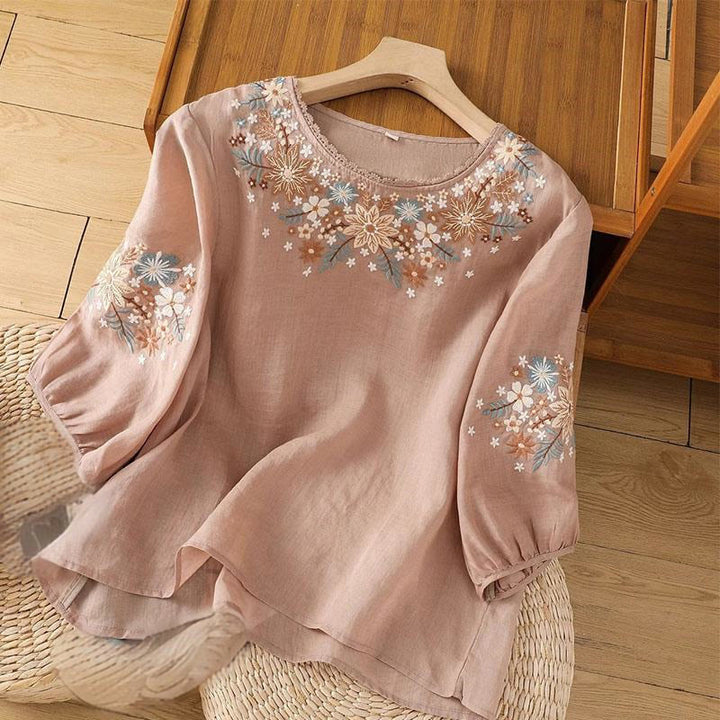 Buddha Stones Casual Flower Leaf Embroidery Women's Crew Neck Design Three Quarter Sleeve Cotton Linen T-shirt - DarkSalmon - US12，UK/AU16，EU44 (3XL) - image 11