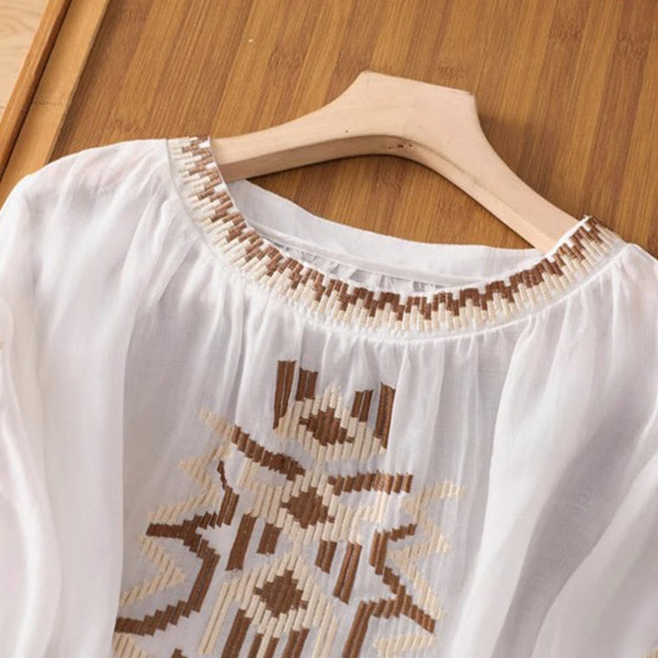 Buddha Stones Casual Symmetrical Embroidery Women's Crew Neck Design Half Sleeve Spandex T-shirt - image 2