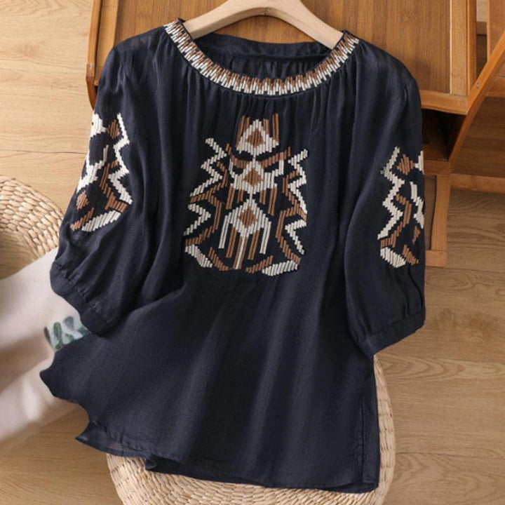 Buddha Stones Casual Symmetrical Embroidery Women's Crew Neck Design Half Sleeve Spandex T-shirt - MidnightBlue - US14，UK/AU18，EU46 (4XL) - image 7