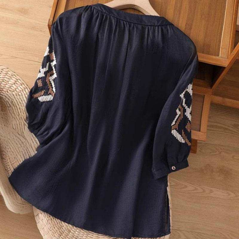 Buddha Stones Casual Symmetrical Embroidery Women's Crew Neck Design Half Sleeve Spandex T-shirt - image 13