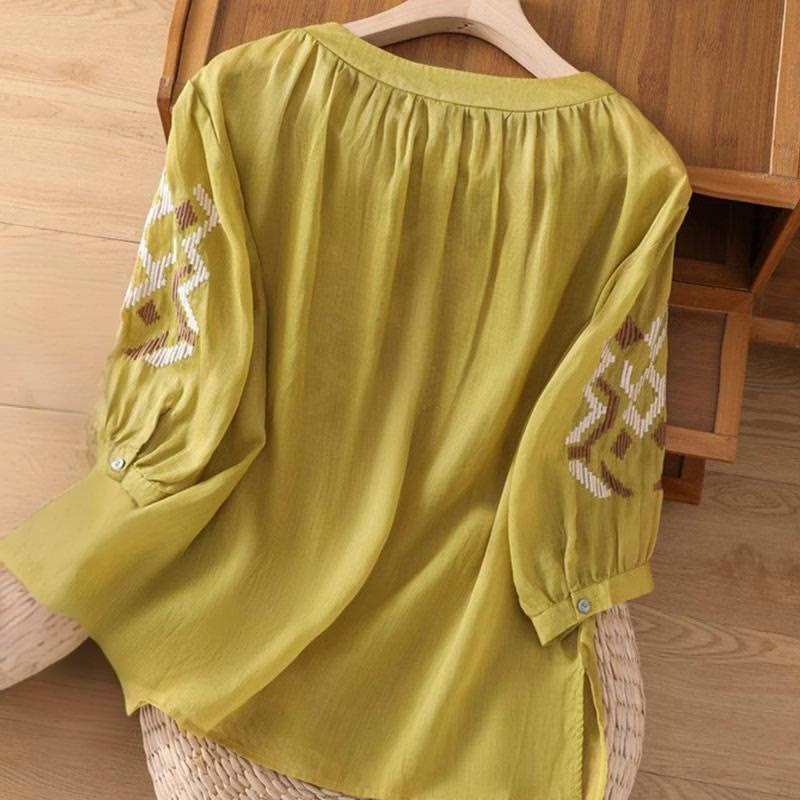 Buddha Stones Casual Symmetrical Embroidery Women's Crew Neck Design Half Sleeve Spandex T-shirt - image 25