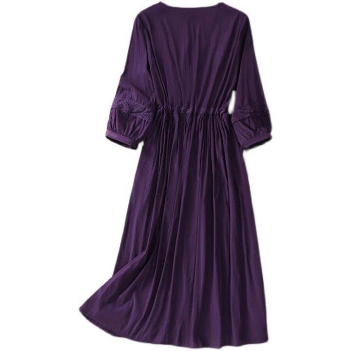 Buddha Stones Summer Solid Color Long Lantern Sleeve Drawstring Cotton Linen Women's Maxi Dress With Pockets - image 28