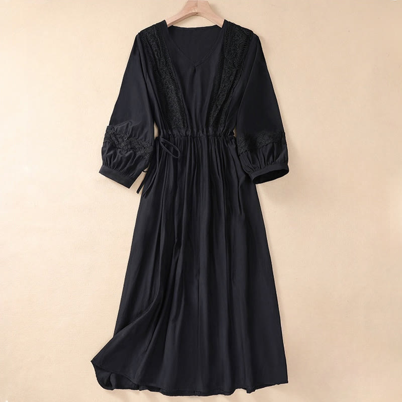 Buddha Stones Summer Solid Color Long Lantern Sleeve Drawstring Cotton Linen Women's Maxi Dress With Pockets - Black - US8-10，UK/AU12-14，EU40-42 (2XL) - image 12
