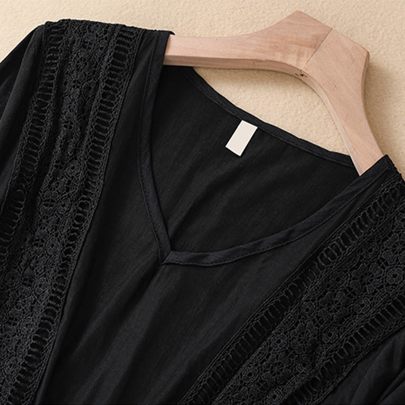 Buddha Stones Summer Solid Color Long Lantern Sleeve Drawstring Cotton Linen Women's Maxi Dress With Pockets - image 15