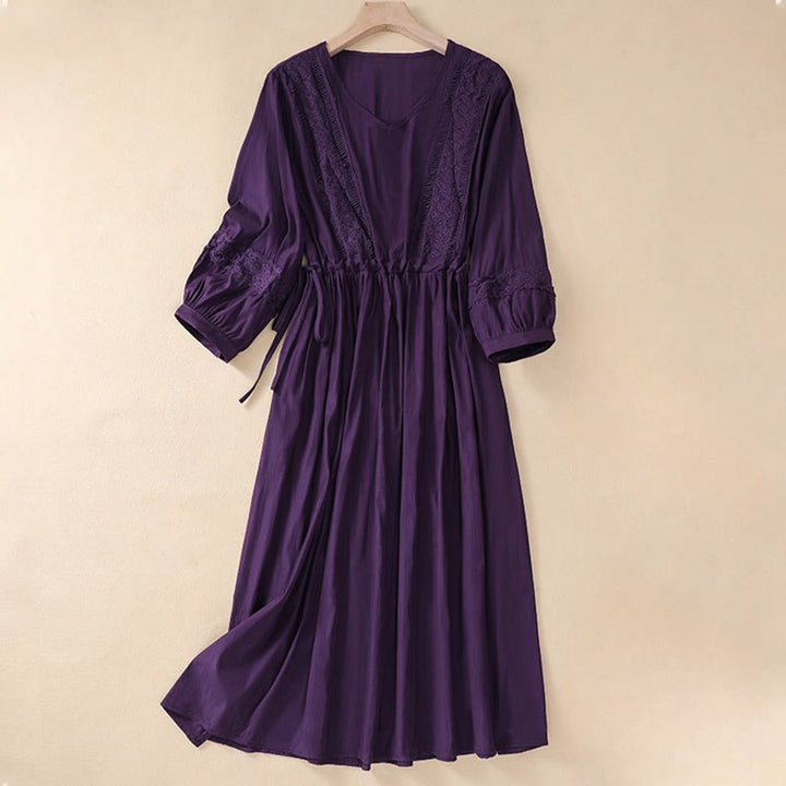 Buddha Stones Summer Solid Color Long Lantern Sleeve Drawstring Cotton Linen Women's Maxi Dress With Pockets - Purple - US8-10，UK/AU12-14，EU40-42 (2XL) - image 17