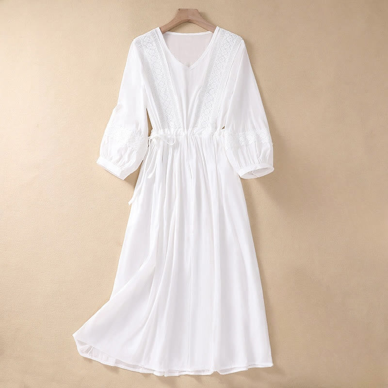 Buddha Stones Summer Solid Color Long Lantern Sleeve Drawstring Cotton Linen Women's Maxi Dress With Pockets - White - US8-10，UK/AU12-14，EU40-42 (2XL) - image 0