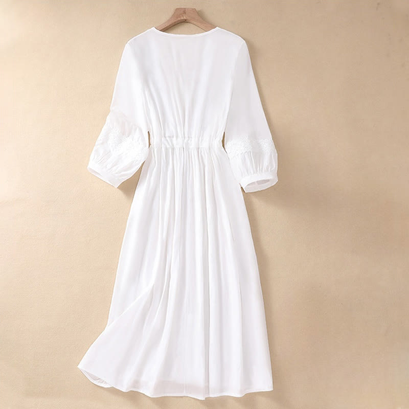 Buddha Stones Summer Solid Color Long Lantern Sleeve Drawstring Cotton Linen Women's Maxi Dress With Pockets - image 1