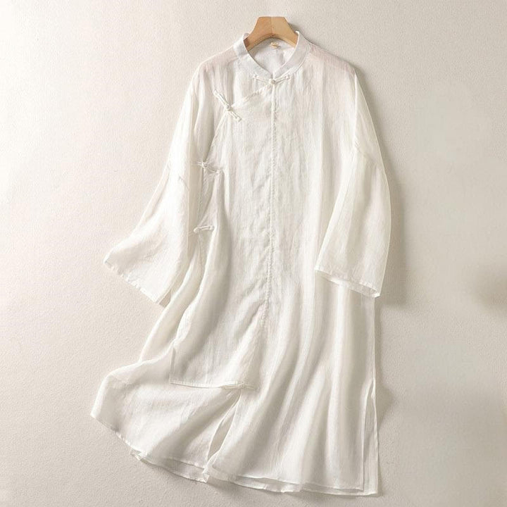 Buddha Stones Plain Frog-Button Long Sleeve Cotton Linen Women's Midi Dress - FloralWhite - US8-10，UK/AU12-14，EU40-42 (2XL) - image 6