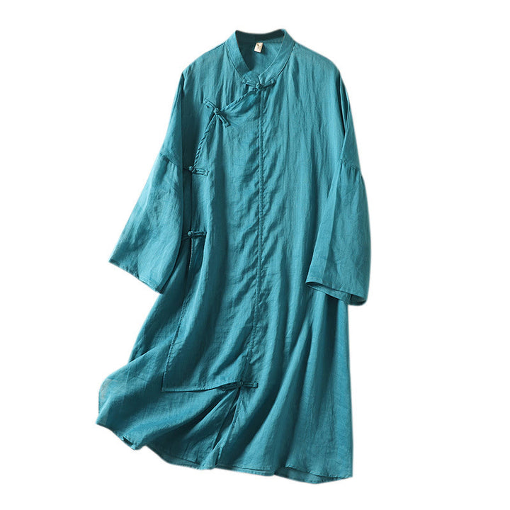 Buddha Stones Plain Frog-Button Long Sleeve Cotton Linen Women's Midi Dress - image 23
