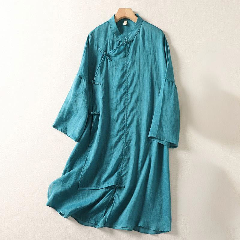 Buddha Stones Plain Frog-Button Long Sleeve Cotton Linen Women's Midi Dress - DarkCyan - US8-10，UK/AU12-14，EU40-42 (2XL) - image 17