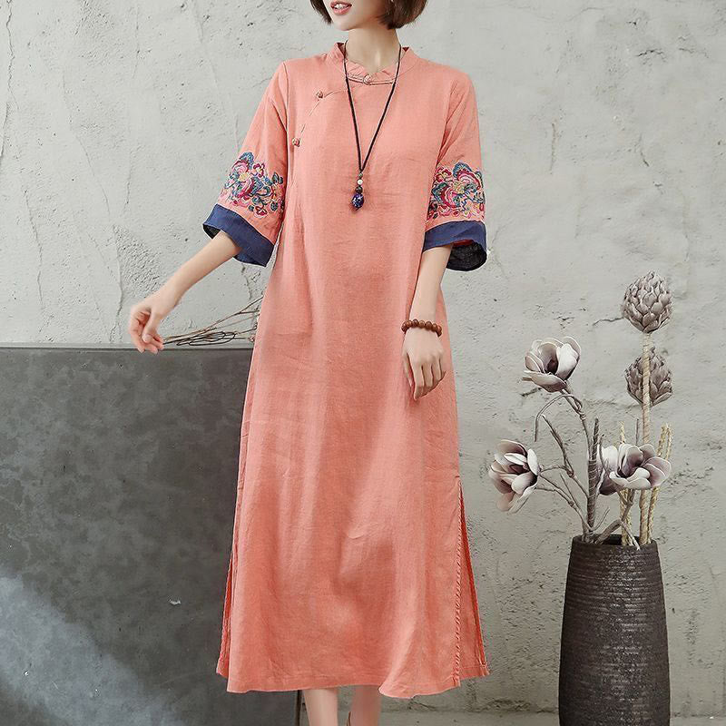 Buddha Stones Embroidery Frog-Button Half Sleeve Cotton Linen Women's Midi Dress - LightSalmon - US14，UK/AU18，EU46 (4XL) - image 0