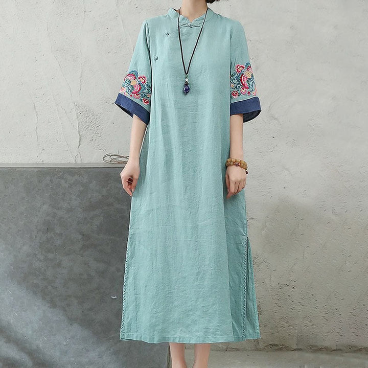 Buddha Stones Embroidery Frog-Button Half Sleeve Women's Midi Dress - image 8