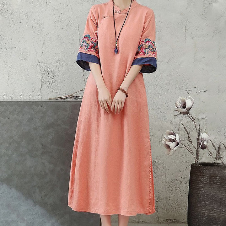 Buddha Stones Embroidery Frog-Button Half Sleeve Women's Midi Dress - image 2