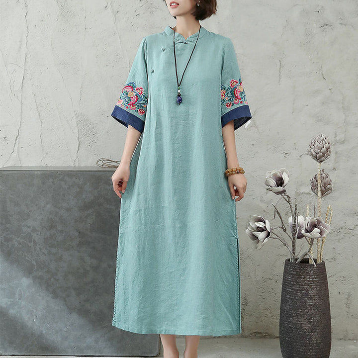 Buddha Stones Embroidery Frog-Button Half Sleeve Women's Midi Dress - image 6