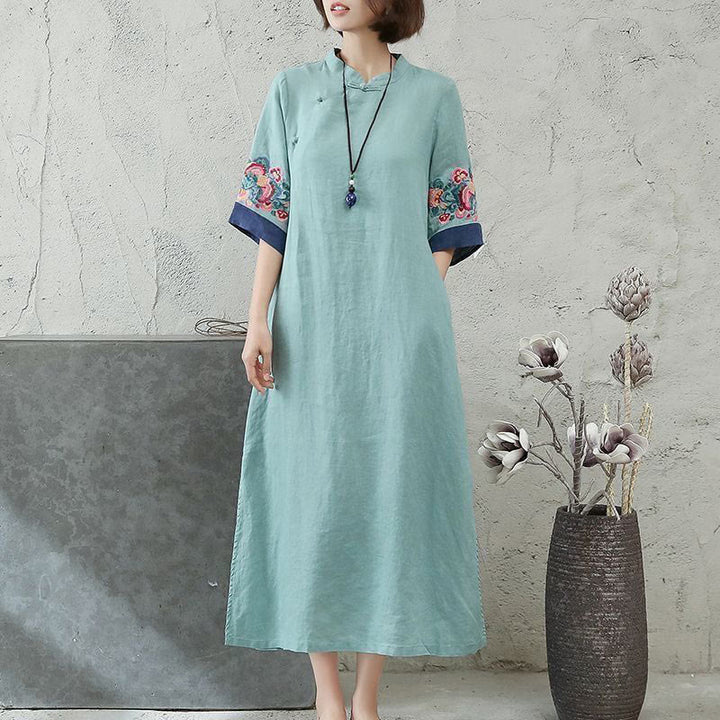Buddha Stones Embroidery Frog-Button Half Sleeve Women's Midi Dress - MediumTurquoise - US14，UK/AU18，EU46 (4XL) - image 5