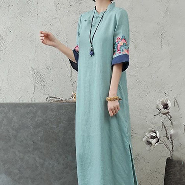 Buddha Stones Embroidery Frog-Button Half Sleeve Cotton Linen Women's Midi Dress - image 9
