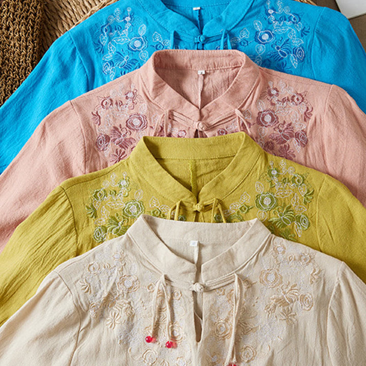 Buddha Stones Vintage Embroidery Frog-button Half Sleeve High Waist Cotton Linen Women's Midi Dress - image 25