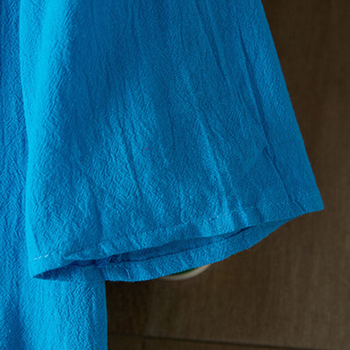 Buddha Stones Vintage Embroidery Frog-button Half Sleeve High Waist Cotton Linen Women's Midi Dress - image 22