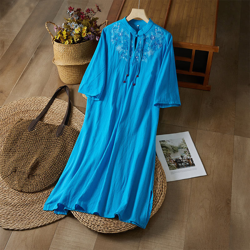 Buddha Stones Vintage Embroidery Frog-button Half Sleeve High Waist Cotton Linen Women's Midi Dress - DodgerBlue - US16，UK/AU20，EU48 (5XL) - image 18