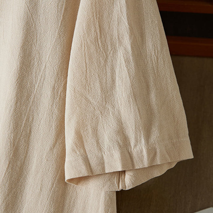 Buddha Stones Vintage Embroidery Frog-button Half Sleeve High Waist Cotton Linen Women's Midi Dress - image 9