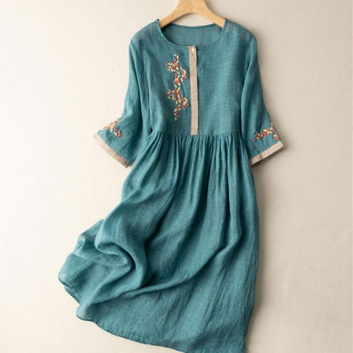 Buddha Stones Spring Ethnic Embroidery Half Sleeve Women's Midi Dress - Teal - US12，UK/AU16，EU44 (2XL) - image 6