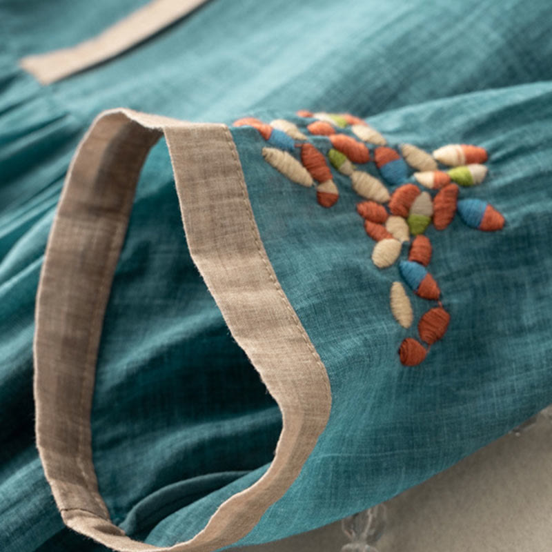 Buddha Stones Spring Ethnic Embroidery Half Sleeve Cotton Linen Women's Midi Dress - image 7