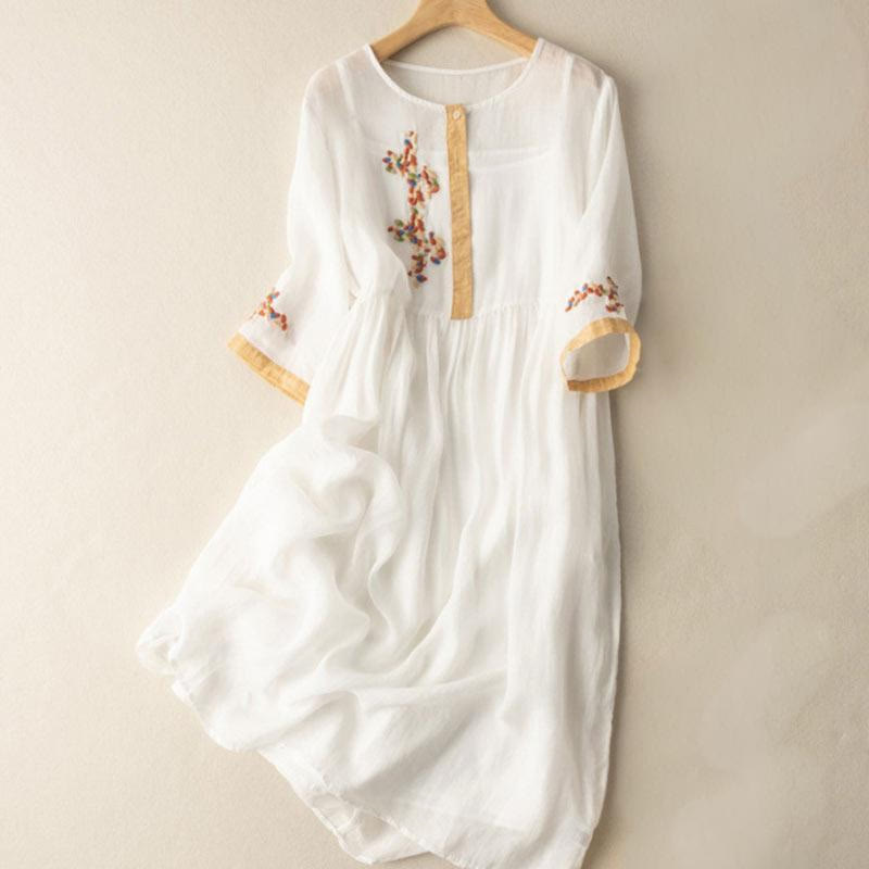 Buddha Stones Spring Ethnic Embroidery Half Sleeve Women's Midi Dress - White - US8-10，UK/AU12-14，EU40-42 (2XL) - image 0