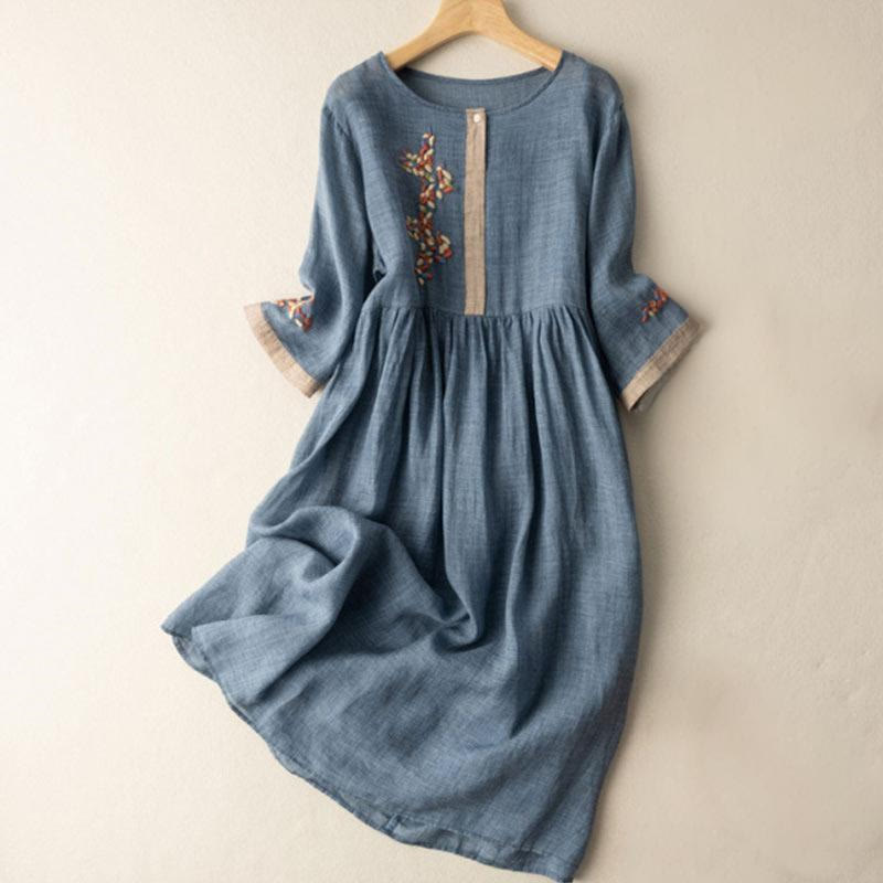 Buddha Stones Spring Ethnic Embroidery Half Sleeve Cotton Linen Women's Midi Dress - SteelBlue - US8-10，UK/AU12-14，EU40-42 (2XL) - image 10