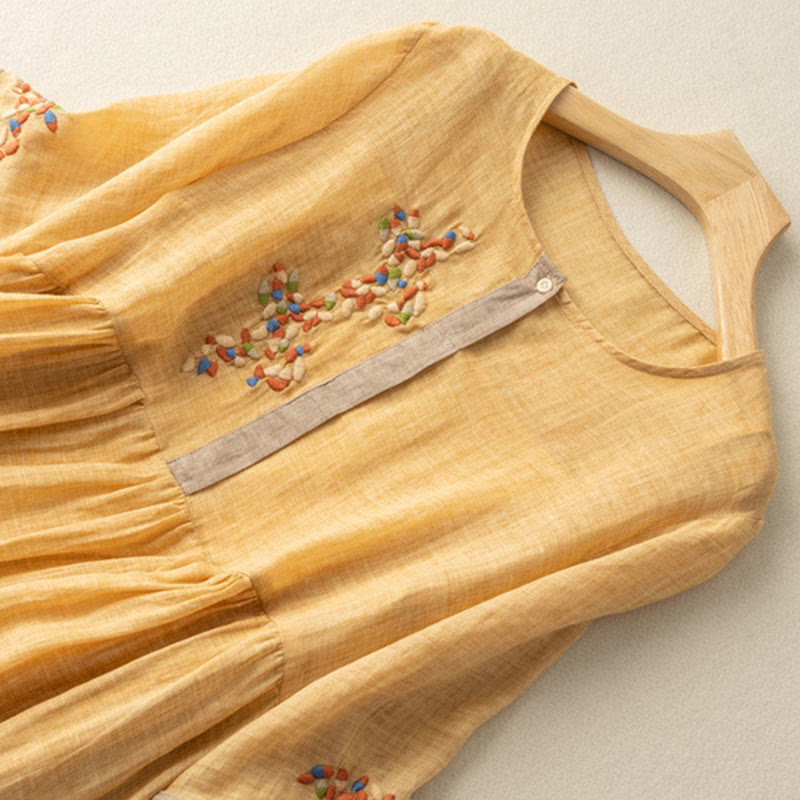 Buddha Stones Spring Ethnic Embroidery Half Sleeve Cotton Linen Women's Midi Dress - image 3