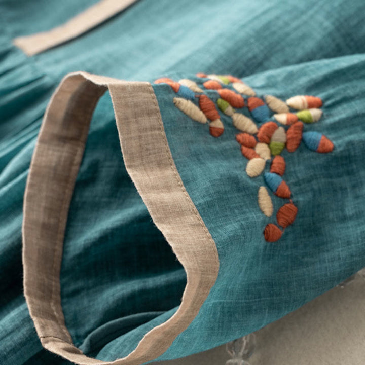 Buddha Stones Spring Ethnic Embroidery Half Sleeve Cotton Linen Women's Midi Dress - image 7