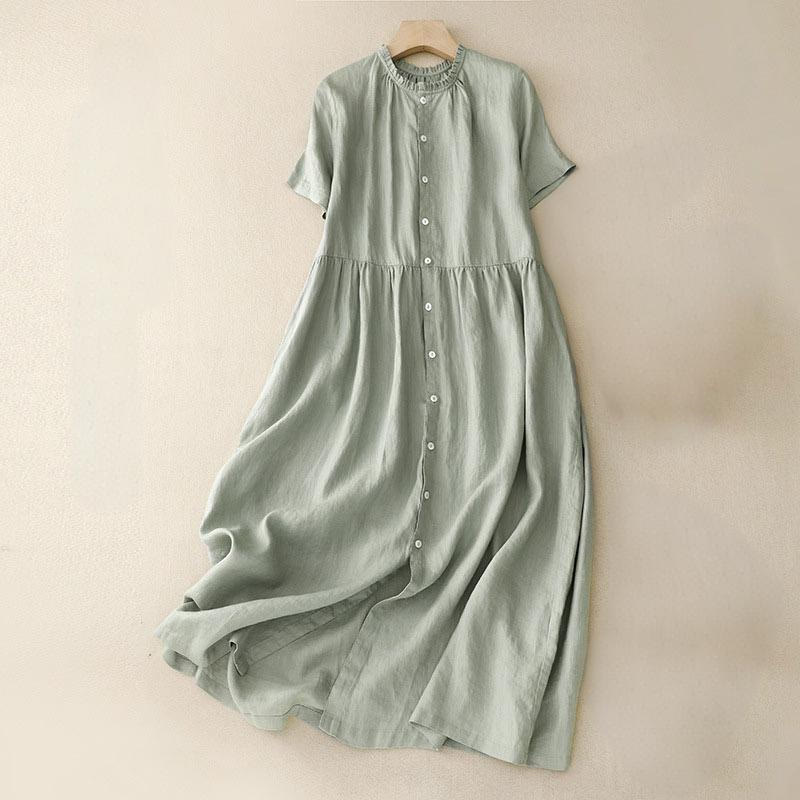 Buddha Stones Casual Plain Button Crew Ruffle Neck Short Sleeve Cotton Linen Women's Midi Dress - LightGreen - US14，UK/AU18，EU46 (2XL) - image 0