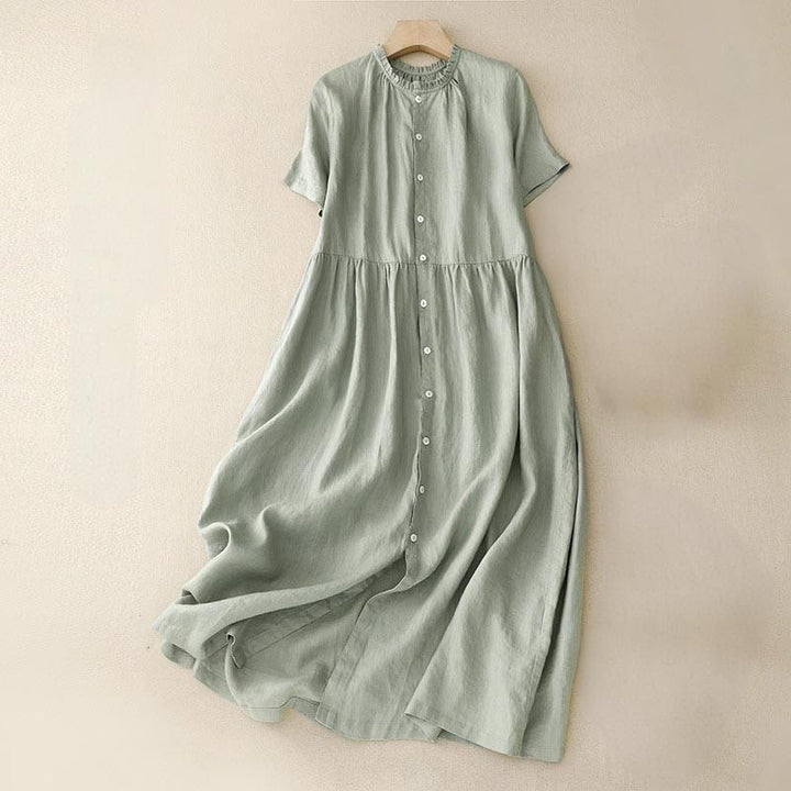 Buddha Stones Casual Plain Button Crew Ruffle Neck Short Sleeve Cotton Linen Women's Midi Dress - LightGreen - US14，UK/AU18，EU46 (2XL) - image 0