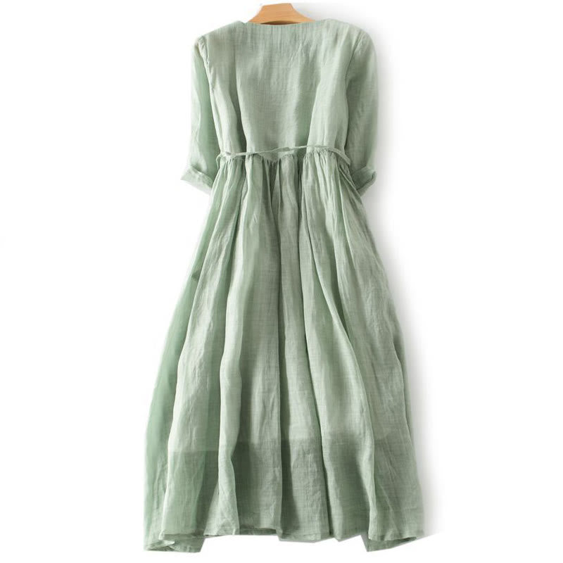Buddha Stones Casual Plain Ruffle Design Short Sleeve Lace-Up Cotton Linen Women's Midi Dress With Pockets - image 1