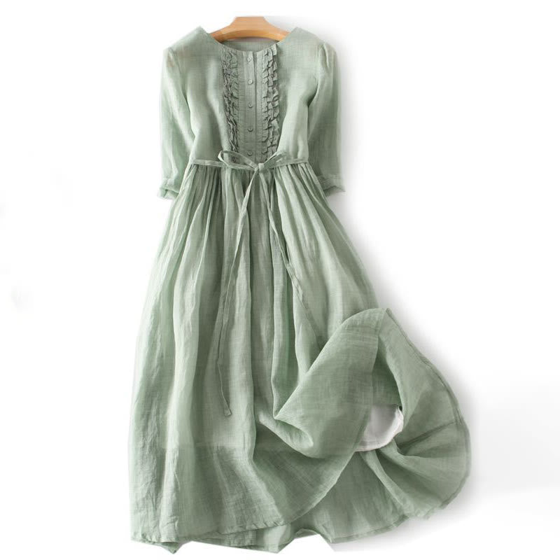 Buddha Stones Casual Plain Ruffle Design Short Sleeve Lace-Up Cotton Linen Women's Midi Dress With Pockets - LightGreen - US8-10，UK/AU12-14，EU40-42 (2XL) - image 0