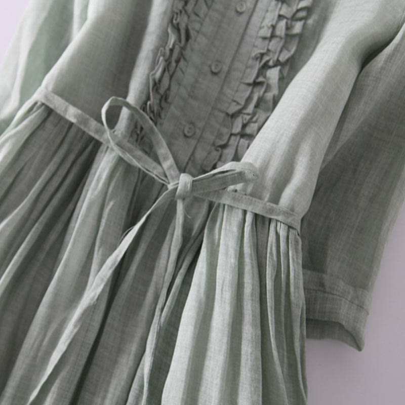 Buddha Stones Casual Plain Ruffle Design Short Sleeve Lace-Up Women's Midi Dress With Pockets - image 5