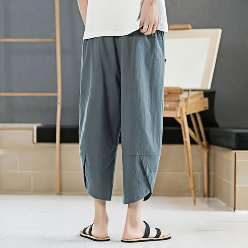 Buddha Stones Summer Men's Solid Color 7-8 Length Cotton Linen Drawstring Pants With Pockets - image 2