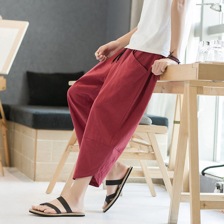 Buddha Stones Summer Men's Solid Color 7-8 Length Cotton Linen Drawstring Pants With Pockets - image 34