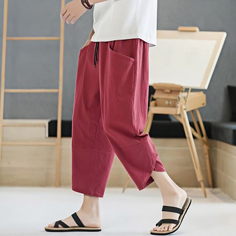 Buddha Stones Summer Men's Solid Color 7-8 Length Cotton Linen Drawstring Pants With Pockets - image 28