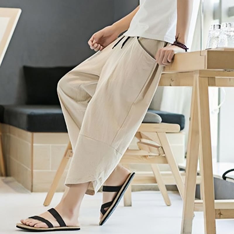 Buddha Stones Summer Men's Solid Color 7-8 Length Drawstring Pants With Pockets - image 39