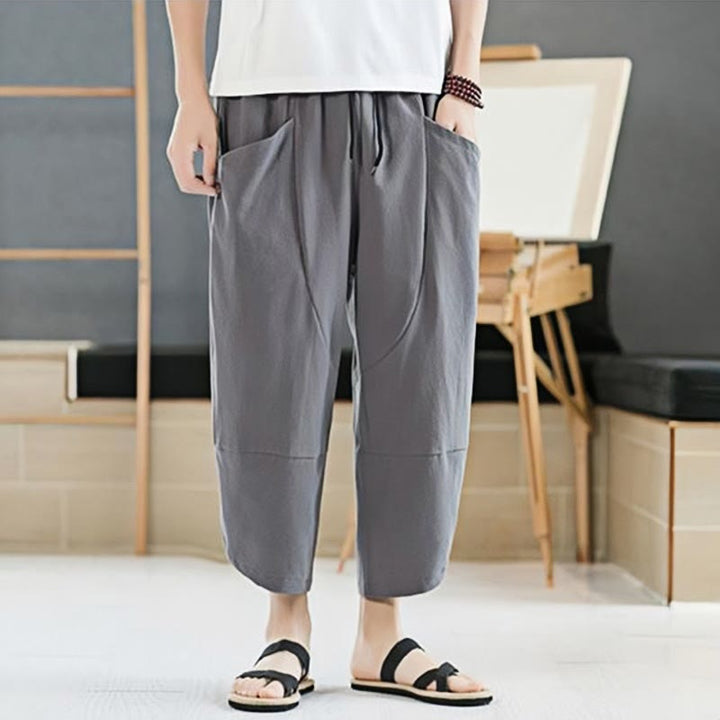 Buddha Stones Summer Men's Solid Color 7-8 Length Cotton Linen Drawstring Pants With Pockets - image 14