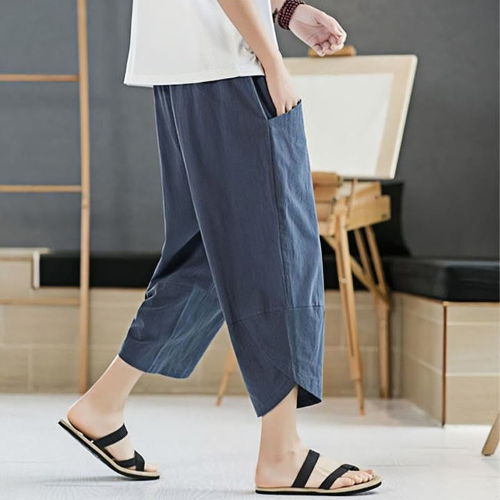 Buddha Stones Summer Men's Solid Color 7-8 Length Cotton Linen Drawstring Pants With Pockets