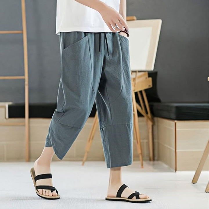 Buddha Stones Summer Men's Solid Color 7-8 Length Cotton Linen Drawstring Pants With Pockets - image 4