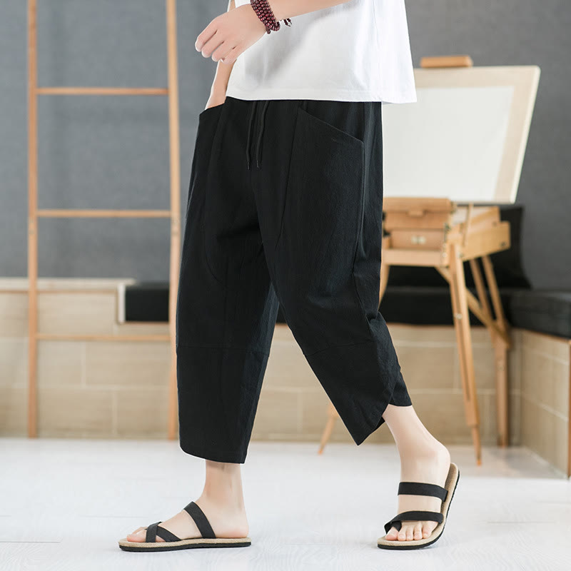 Buddha Stones Summer Men's Solid Color 7-8 Length Cotton Linen Drawstring Pants With Pockets - Black - US/UK/AU46，EU56 (5XL) - image 6