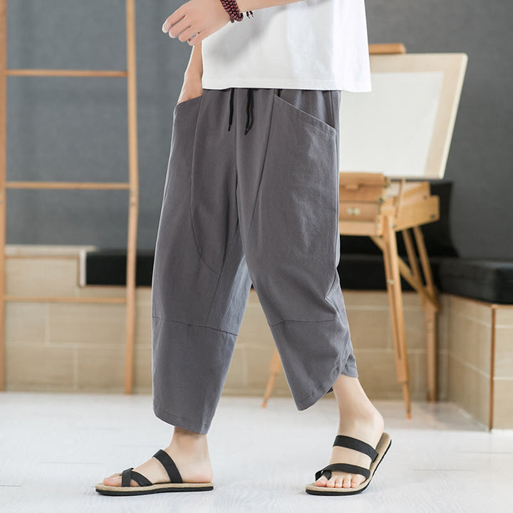 Buddha Stones Summer Men's Solid Color 7-8 Length Cotton Linen Drawstring Pants With Pockets - Gray - US/UK/AU46，EU56 (5XL) - image 13