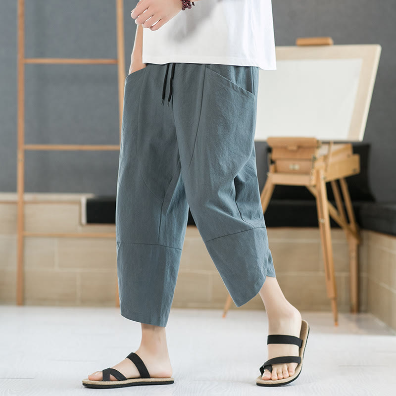 Buddha Stones Summer Men's Solid Color 7-8 Length Cotton Linen Drawstring Pants With Pockets - LightSeaGreen - US/UK/AU46，EU56 (5XL) - image 0