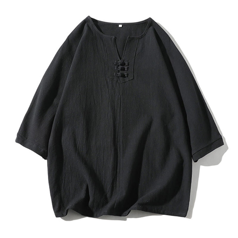 Buddha Stones 2Pcs Plain Notched Collar T-Shirt Wide Leg Shorts With Pockets Men's Meditation Cloth Set - image 18