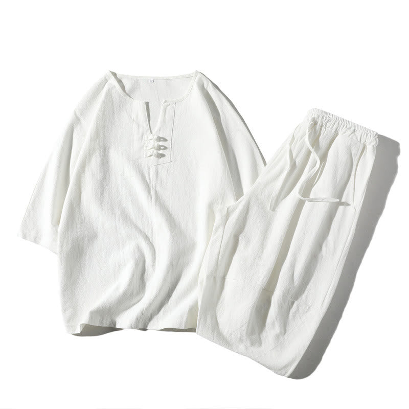 Buddha Stones 2Pcs Plain Notched Collar T-Shirt Wide Leg Shorts With Pockets Men's Meditation Cloth Set - White - US/UK/AU46，EU56 (5XL) - image 15