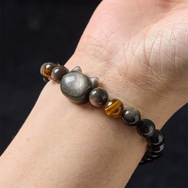 Buddha Stones Natural Silver Sheen Obsidian Beads Cute Cat Soothing Bracelet - image 6