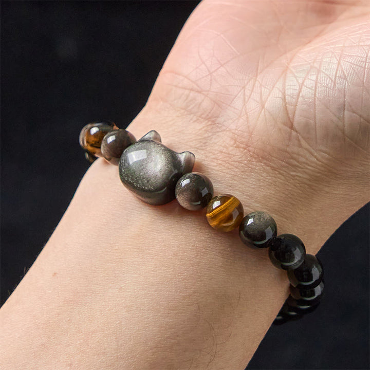 Buddha Stones Natural Silver Sheen Obsidian Beads Cute Cat Soothing Bracelet - image 6